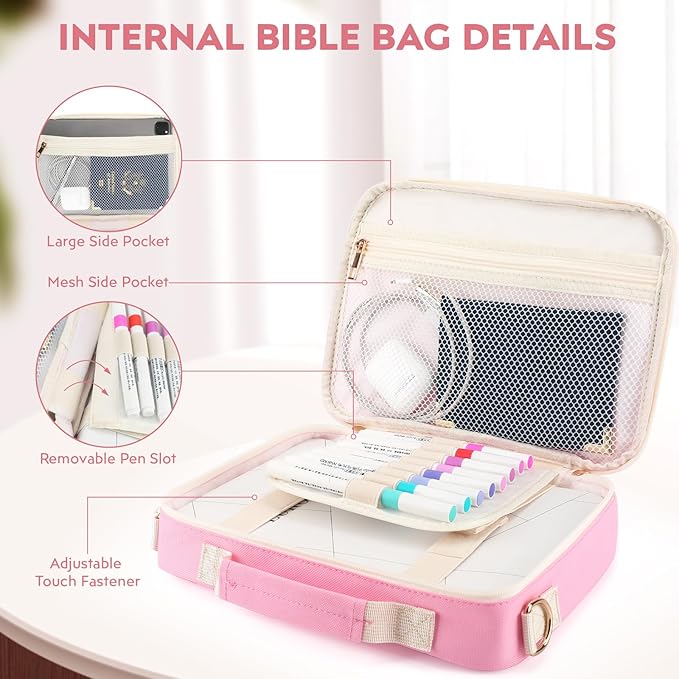 Bible Cover Case for Women Grils, Preppy Bible Bag with Adjustable Shoulder Strap, Waterproof Bible Carrying Tote Bags Holder for Bible Study Supplies Accessories & Christian Gifts (Pink)