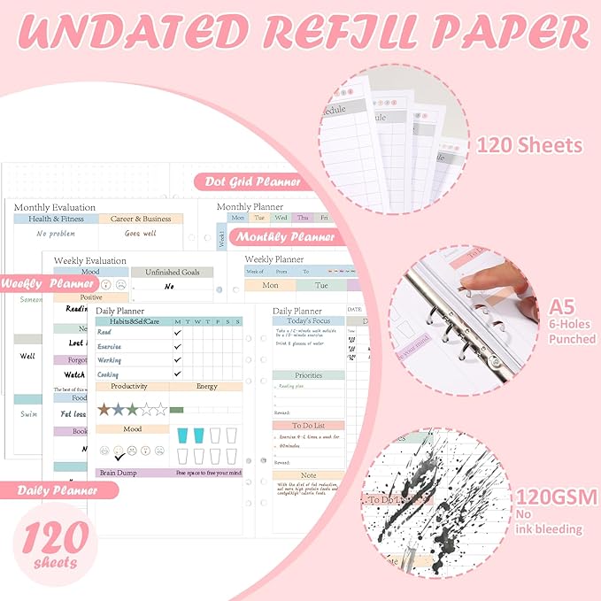 ADHD Planner Refill Pages for A5 Binders Planner Inserts Daily Weekly Monthly 480 Sheets/960 pages for 6 Ring Binder Undated Planners Refills Colorful To Do List Refill Paper 120 GSM Thick Loose Leaf Paper for 1 Year Neurodivergent Journal Productivity...