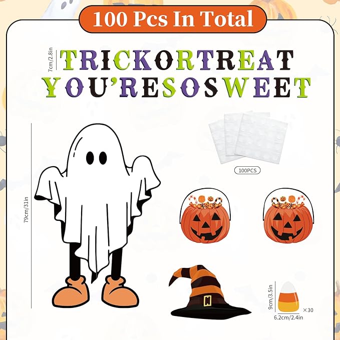 Whaline 62Pcs Halloween Bulletin Board Door Decorations Pumpkin Ghost Candy Corn Paper Cutouts with 100Pcs Glue Points for Trick or Treat Party Classroom Chalkboard Wall Decor