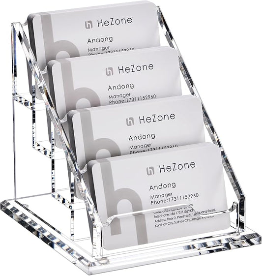 HeZone Acrylic Card Holder Clear Horizontal Business Card Organizer Stand for Desk 4 Slots 4 Tier Business Cards Stand for Women and Men,Office Desk Accessories,Organize 200 Cards-1 Pack(4Slots-H)