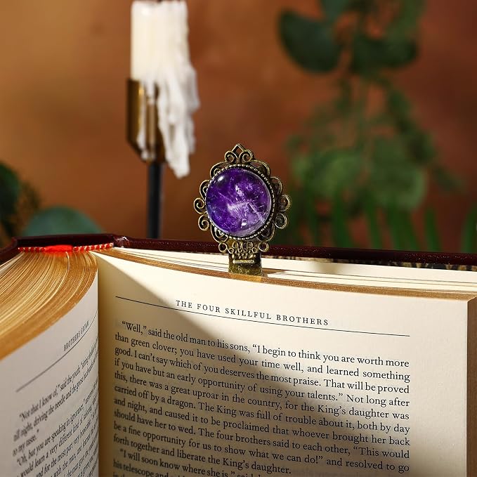 1Pcs Vintage Amethyst Bookmark with Natural Crystal Stone - Fantasy Brass Metal Bookmarks for Reading Women, Men, Book Lovers, Girls and Teachers Book Marks(Amethyst)