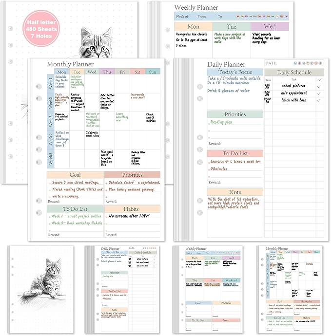 ADHD Half Letter Planner Refill Pages Planner Inserts 5.5" x 8.5" for 3/7 Ring Binder Daily Weekly Monthly 480 Sheets/960 Pages Undated Planners Colorful To Do List 7-Hole Refill Paper 120 GSM Thick Loose Leaf Paper Punched for 3 Months Neurodivergent ...