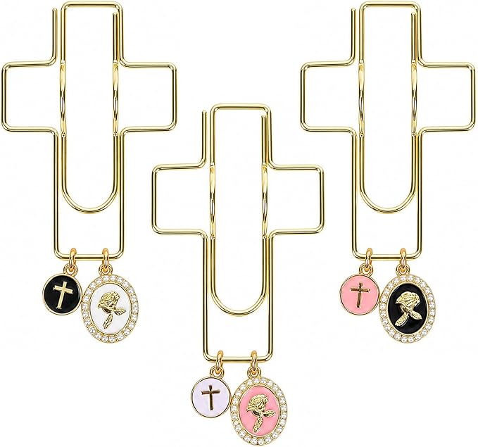 Wxiben Cross Paper Clip Bookmark - 3 Pcs Rose Metal Paperclip Pen Holder Book Mark with Charms Page Marker Planner Decorative Paper Clips Gifts for Women Reading Book Lover School Accessories