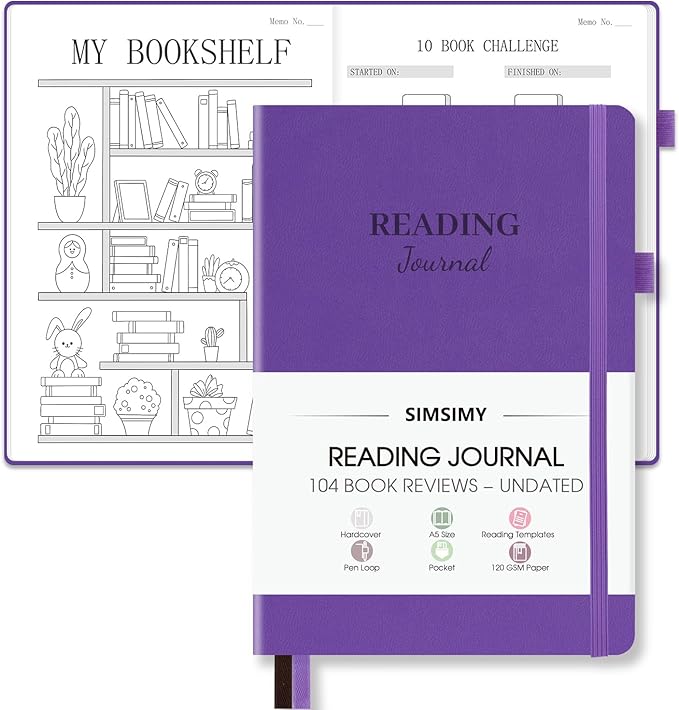 Reading Journal with 104 Book Reviews, Book Journal for Books Lovers & Readers - Review and Track Your Reading Progress, Reading Log Notebook Gift, A5, Purple