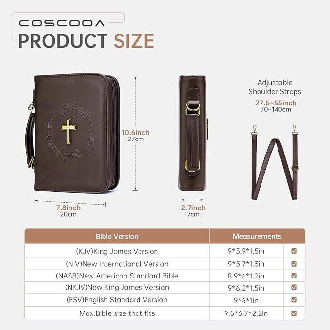 Large Bible Cover Case Church Bag with Detachable Shoulder Strap,Brown PU Leather Bible Bag for Men, Bible Protective Book Holder,Christian Gift for Men Women