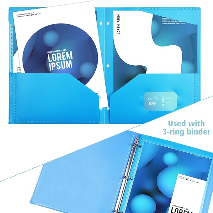 Heavy Duty Plastic Folder with Clear Front Pocket and 3 Holes- 6 Pack, Assorted Colors 3 Hole Punched Folder for 3 Ring Binders,2 Pocket Folders with Card Slot for Letter Size Paper