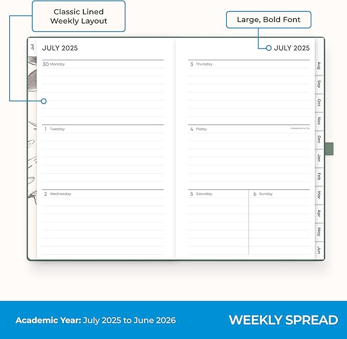 Blue Sky 2025-2026 Weekly and Monthly Academic Year Planner Calendar, July 2025 - June 2026, 5" x 8", Faux Leather Hard Cover, Bookbound, Laminated Tabs, Storage Pocket, Rio Green
