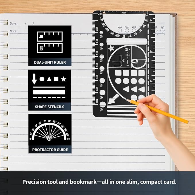 Planner Bullet Journal Stencil,Set Stainless Steel Stencils Metal Bookmark with 3 Fineliner Pens Set,Ruler Conversion, Protractor & Golden Ratio Stencils for Journaling,Bible Study,Sketching & Notes