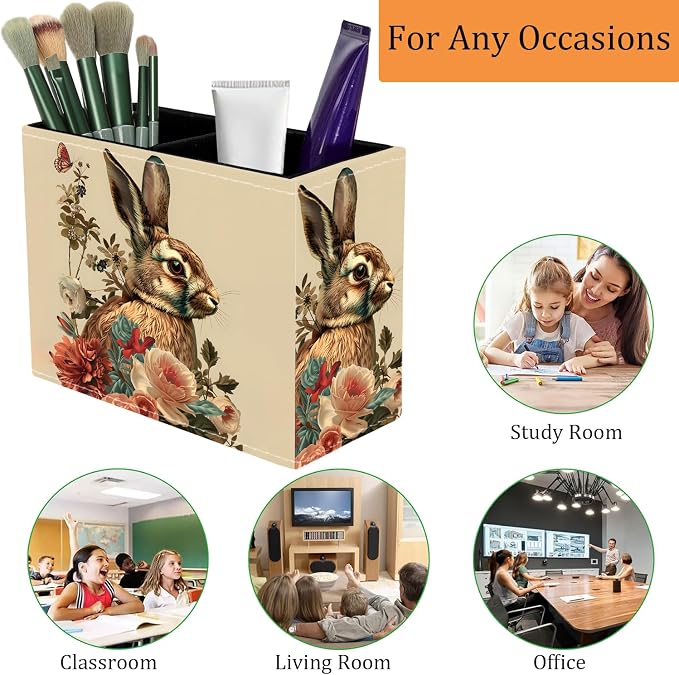 Pen Holder for Desk, PU Leather Multifunctional Desktop Storage Box and Anti-Slip Mouse Pad Set, Makeup Brush Holder Pen Organizer for Office and Home - Rabbit