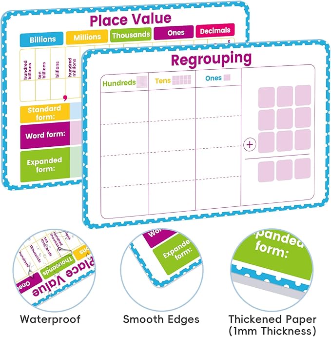 10 Packs Place Value Dry Erase Boards, Double Sided Math Manipulatives Whiteboards for Teaching Billions to Decimals, Writable Erasable for Students Classroom Home Homeschool (12” x 8”)