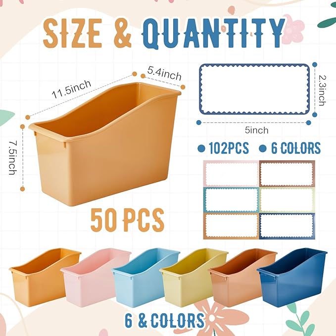 Geetery 50 Pcs Book Bin for Classroom with Labels Stackable Plastic Organizing Bins 11.5 x 5.4 x 7.5 in Book Holders Storage Bins Box Baskets for Classroom Library Home (Boho Color)