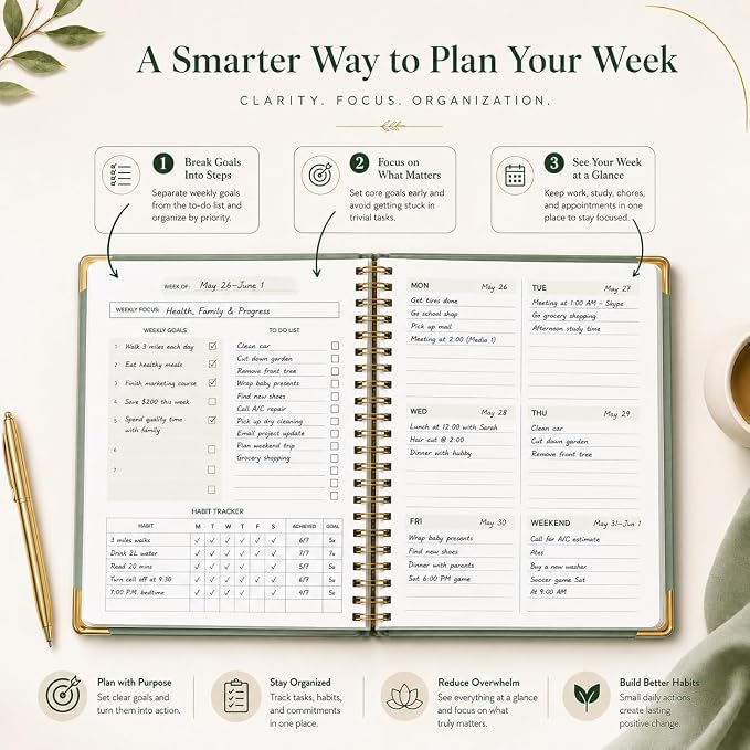 Undated Hardcover Weekly Planner with Metal Corner, 6 x 8 Inch Productivity Organizer Journal with To Do List, Habit Tracker,Weekly Goals & Organize Pocket for ADHD,School, Office, Home ,Gifts, Spiral Bindding ,Green