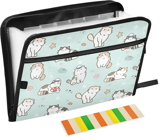 Cute Cats Green Expanding Accordion File Folder with 13 Pockets and Zipper Closure