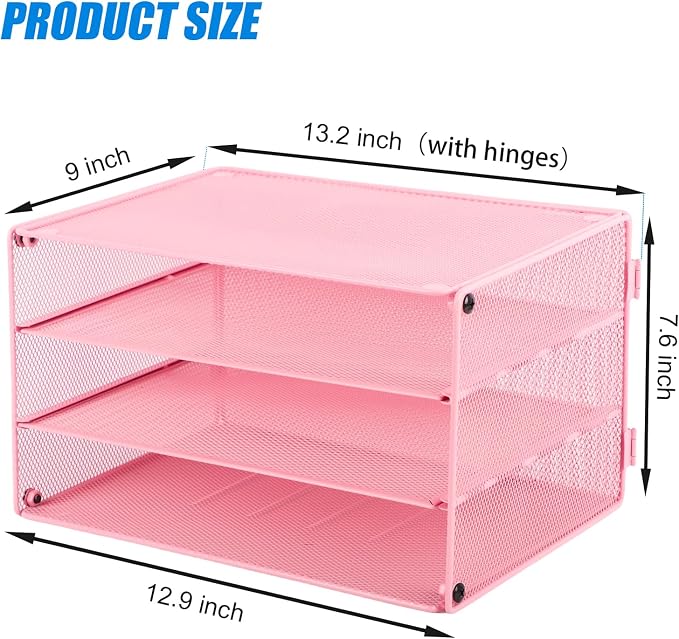 EASEPRES Paper Organizer Tray, 3 Tier Mesh Desk File Organizer Letter Sorter Holder for Home Office, Pink