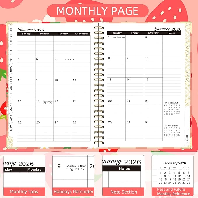 2026 Planner, Jan.2026 - Dec.2026 Planner Weekly and Monthly 6.25"x8.5" with with Page Tabs, Calendar Hardcover with Inner Pocket, Elastic Band, Twin-Wire Binding, Bookmark, Strawberry Flower