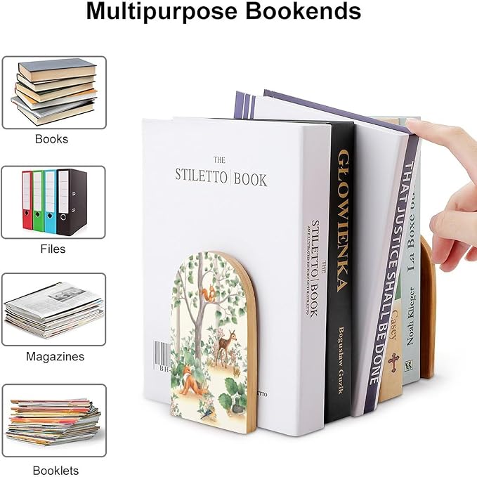 Book Ends Bookends for Shelves to Hold Books Woodland Animals Boho Art Print Small Non-Slip Book Stoppers Wood Decorative Home Office Desk