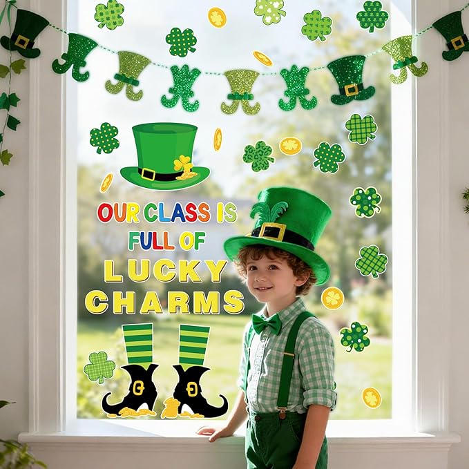 FYSUIMU St. Patrick' s Day Classroom Door Decoration Bulletin Board Set Lucky Clover Shamrock Gold Coin Paper Cutouts for School Classroom Chalkboard Wall Door Welcome Decor