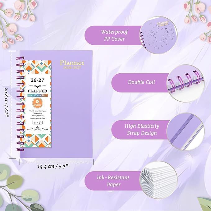 18 Month Planner 2026-2027, Weekly & Monthly & Daily Planner from Jan 2026 - Jun 2027, Planner Spiral Bound Academic Agenda Planning Organizer with 100GSM Thick Paper, A5 Size, Light Purple