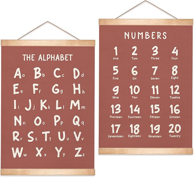 Alphabet and Numbers Educational Chart Set of 2 for Classroom Decor,Colorful Educational Poster for Toddlers 1-3,Toddler Learning Poster for Ages 3-5 for Nursery Playroom,Classroom Must Haves 14x18.5Inch(Brown)