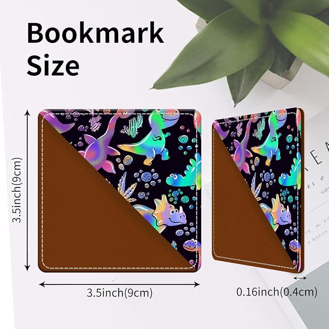 Cute Leather Bookmarks, Fun Triangle Making Corner Bookmark, Book Accessories for Reading Book Lovers, Unbreakable Page Markers for Women Men Cute Rainbow Dinosaurs