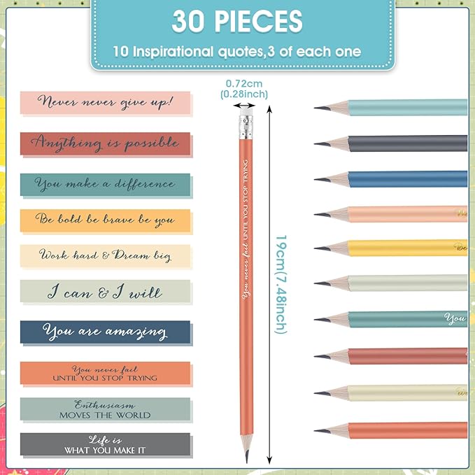 Sabary 30 Pcs Inspirational Pencils Bulk Graduation Gift from Teacher 2 HB Wood Pre Sharpened Pencils Motivational Saying School Gift Teacher Awards for Graduation Party Favor