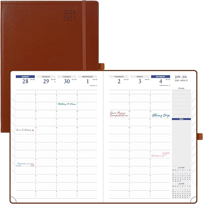POPRUN 2026 Planner - Weekly And Monthly Planner (A4 Size 8.25'' x 11.75''), 15-Minute Hourly Planner & Appointment Book (Jan 2026 - Dec 2027), Monthly Tabs, Inner-pocket - Brown