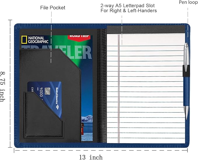 Junior Padfolio Folder - A5 Portfolio Binder Case with 5 x 8 Writing Pad and Interior Storage Pocket Executive Business Organizer for Men Women, Navy Blue