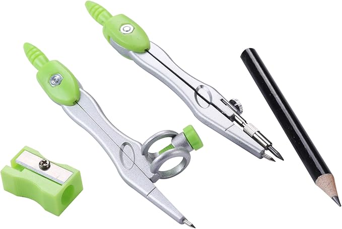 Vobou Math Geometry Kit Sets 10 Piece Student Supplies with Shatterproof Storage Box,Includes Rulers,Protractor,Compass,Eraser,Pencil Sharpener,Lead Refills,Pencil,for Drafting（Green）