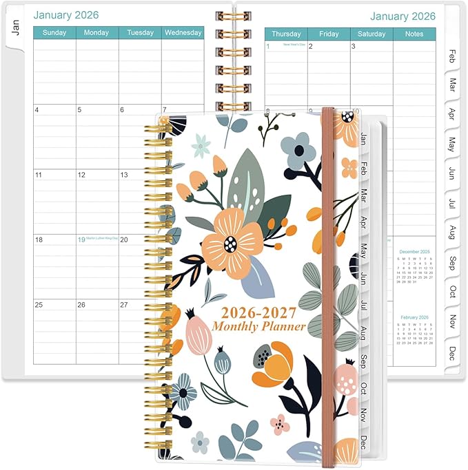 2026-2027 Monthly Planner - January 2026 - June 2027, Two Pages Per Month, 18 Monthly Calendar/Planner with Tabs, Strong Twin-Wire Binding, Inner Pocket, 3.75" x 6.5", Flowers