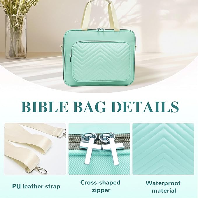 Waterproof Bible Bag for Women With Detachable Case,Quilted Bible Bag with Leather Handle,Bible Journaling Kit: 5 Pens, 12 Highlighters, 72 Tabs,Christian Travel Carrier (Green)