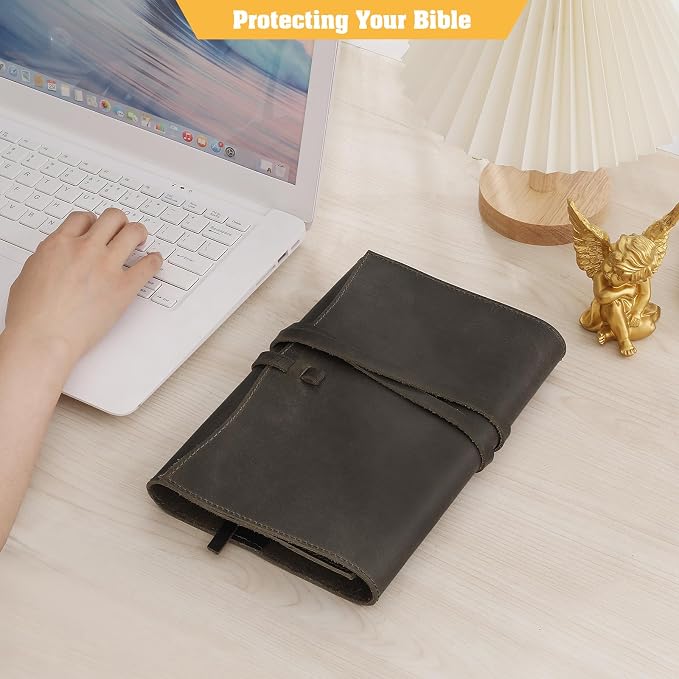 Jack&Chris Leather Bible Cover, Leather Book Cover for Men and Women, Bible Holder Strap Bible Cover Gifts, Coffee Large