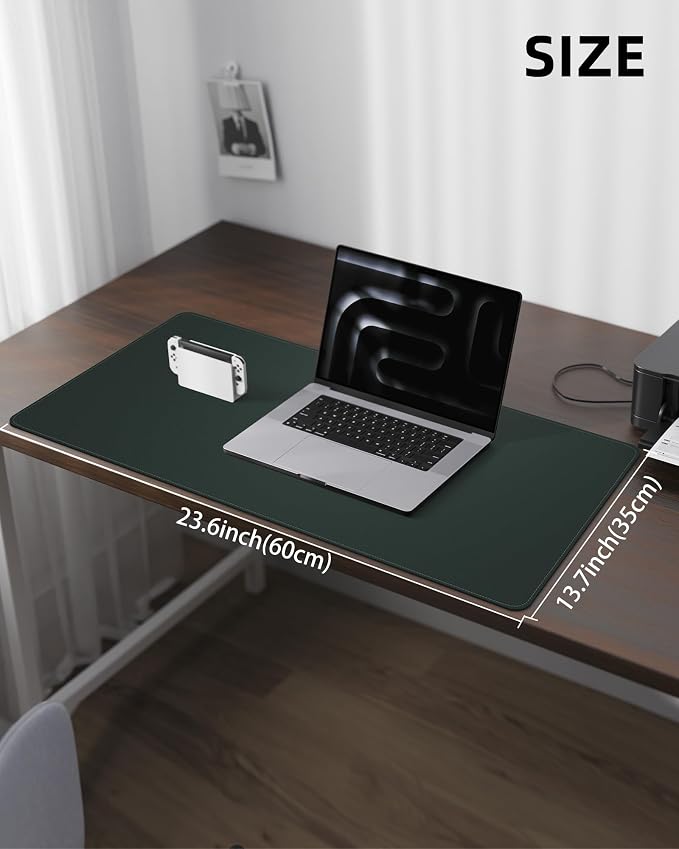 AFIING Desk Pad Protector 23.6" x 13.7" - Non-Slip Waterproof PU Leather Desk Mat for Mouse, Keyboard, Laptop, Office and Home Workspace (Dark Green)
