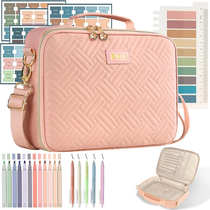 Bible Cover for Women Bible Case, Large Bible Bag, Bible Study Supplies Bible Journaling Kit Book Carrying Case with Bible Highlighters Tabs, Valentines Day Christian Gifts for Women（Pink