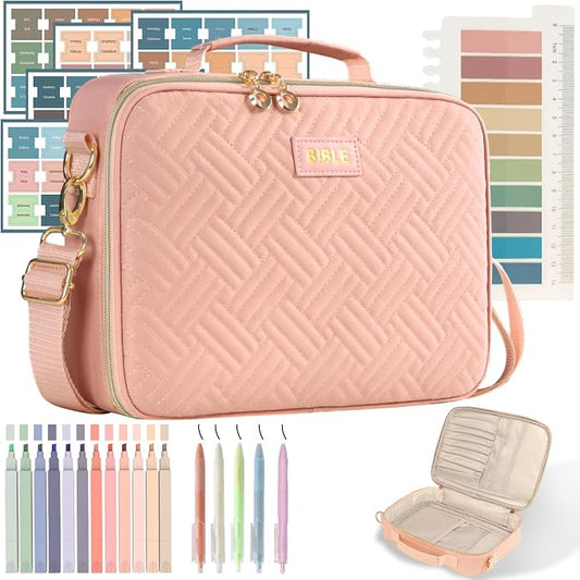 Bible Cover for Women Bible Case, Large Bible Bag, Bible Study Supplies Bible Journaling Kit Book Carrying Case with Bible Highlighters Tabs, Valentines Day Christian Gifts for Women（Pink