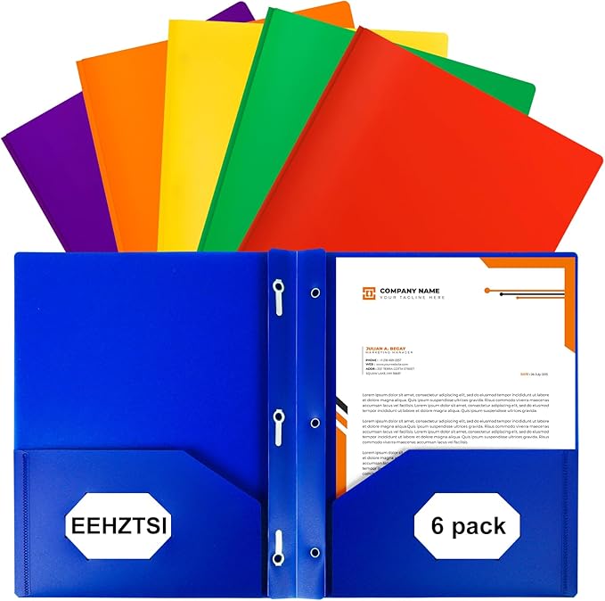6-Pack Plastic Folders with Pockets and Prongs,2-Pocket Folders with 3 Fasteners, Holds 8-1/2" x 11" Paper for School/Office/Home, Assorted