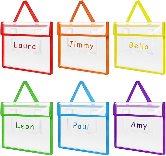 Teling 6 Pack Thick Clear Book Pouches with Blank Name Tags and Handles Book Baggies Bags Bins Organizer for School Classroom Library Pockets Students (14 x 11 Inch,Bright Color)