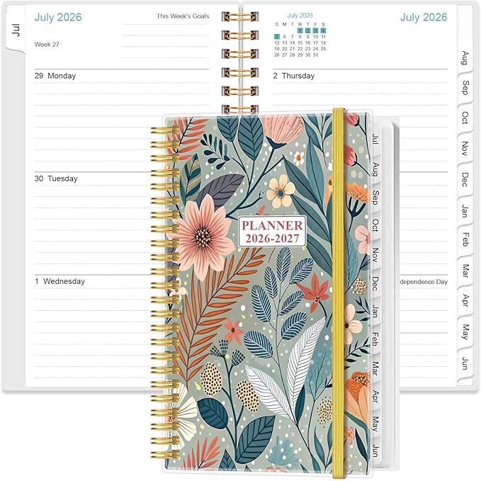 2026-2027 Pocket Planner/Calendar - 2026-2027 Planner from July 2026 - June 2027, Planner 26-27 with 12 Tabs, Twin-Wire Binding, Inner Pocket, 3.75" x 6.75", Flower-A