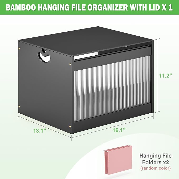 Hanging File Box Organizer for Letter Size, Bamboo Acrylic File Folder Storage with Lid Clear Moving Boxes Wooden with Handle Desktop Filing Holder for Office Banker Document
