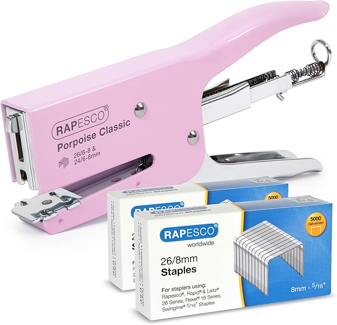 Rapesco 1356A Porpoise Classic Stapling Plier with 10.000 Staples, Type 26 Standard 5/16", 45 Sheet Capacity, Uses Type 26 Standard and Type 24 High-Capacity Staples, All Metal, Pink