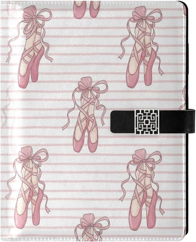 Pink Ballet Ribbons Pattern PU Leather Notebook A5 Binder 6 Ring Refillable Journal with Magnetic Buckle Closure Loose Leaf Travel Office Planner Budget Binder Notepad Portfolio