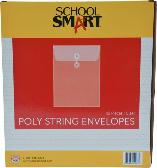 School Smart Top Loading Polypropylene String Envelopes - Letter Size - Pack of 12 - Clear - 082260