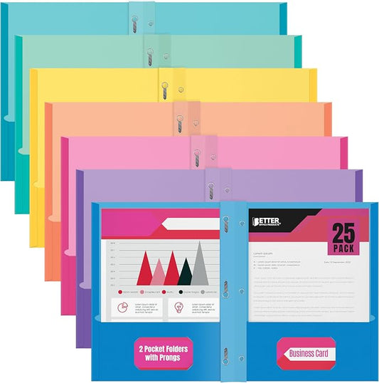 2 Pocket Folders, Assorted 7 Vibrant Colors with Complementing Interior Colors, Fits Letter Size Paper, for School, Office, Home (with Prongs, 25)