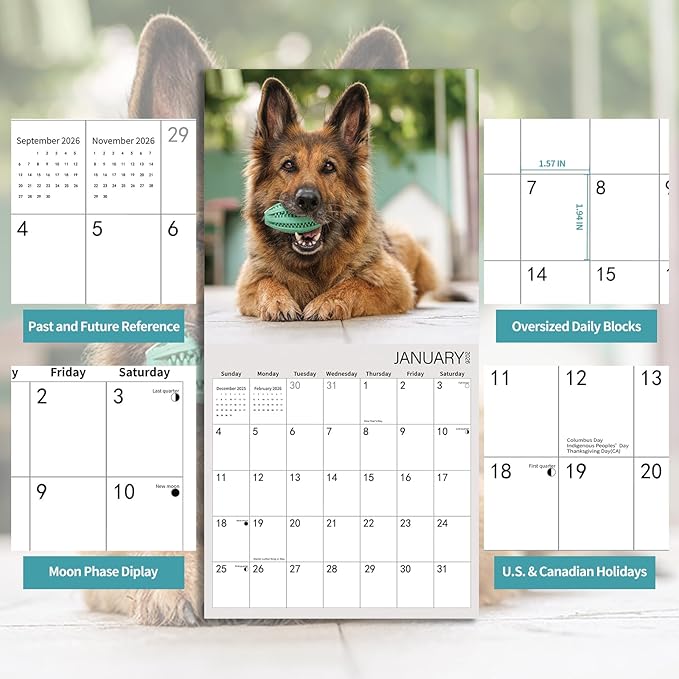2026 Wall Calendar,GERMAN SHEPHERD Wall Calendar, 12" x 24" Open,Family Planner Calendar Organizer with GERMAN SHEPHERD Images, for Dogs Lovers