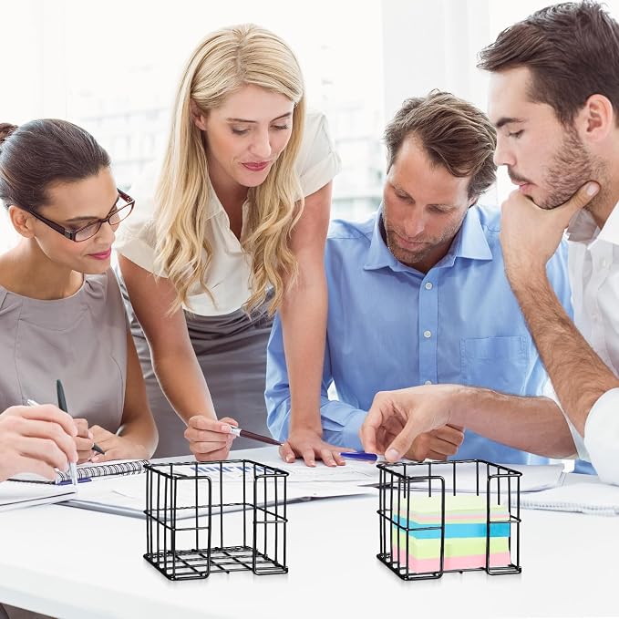 Harloon 2 Pcs Metal Sticky Note Holder 3.8 x 3.8 in Back to School Cute Memo Cube Dispenser Mesh Desk Organizer for Notepads Pens and Pencil Ideal for Classroom Office Supplies Home Storage(Black)