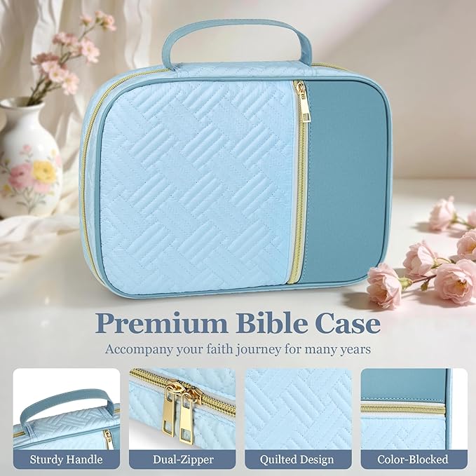 Ndsox Bible Cover Case with Handle for Women, Quilted Fabric & Vegan Leather Carrying Book Case Church Bag Bible Study Supplies Accessories Christian Gifts for Mother Lady Women Men, Blue
