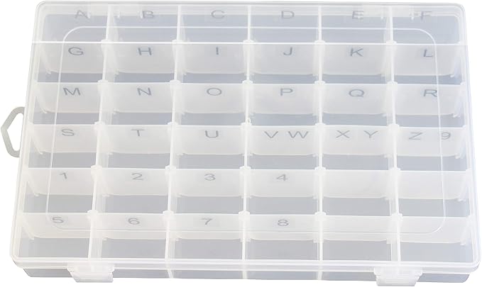 Plastic Organizer Container Box with Adjustable Dividers - 36 Compartments for Letter Board Letters - Stickers Pre Applied to Dividers