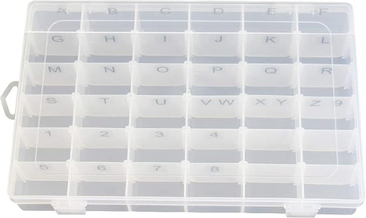 Plastic Organizer Container Box with Adjustable Dividers - 36 Compartments for Letter Board Letters - Stickers Pre Applied to Dividers