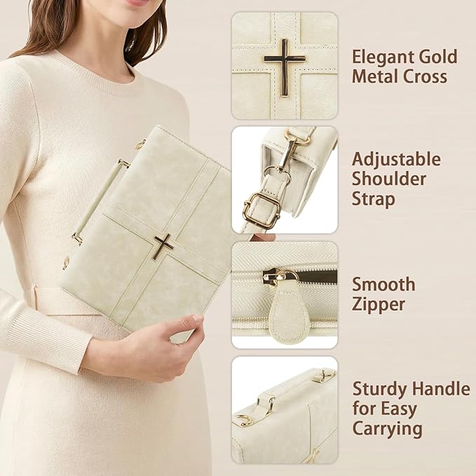 Classic Leather Bible Cover Case with Cross Design and Handle & Shoulder Strap for Women, Durable Bible Study Supplies Organizer Carrying Bag, Christmas Gifts for Christians with Gift Box（Beige