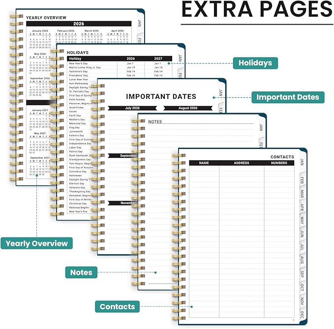2026 Planner, Monthly and Weekly Calendar Planner for Women, Jan 2026 - Dec 2026, Hardcover Pretty 2026 Agenda Planner Book with Tabs, Spiral Bound, Perfect for School Office Home Supplies, 8.5" x 11" - Emerald Shores