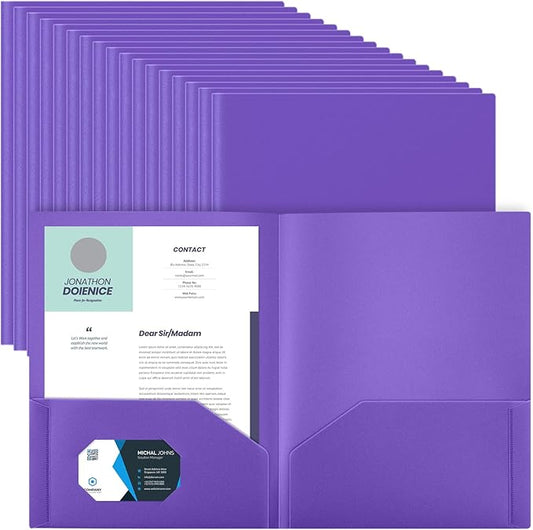 Gueevin 72 Pack Plastic Folder with Pockets, 2 Pocket Folders, Plastic Glossy Folders Fit Letter Size Paper, Heavy Duty Durable File Folder with Business Card for Home Office School (Purple)